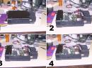 The Alinco DR135 (1) buttoned up (2) open with internal TNC in place, (3) internal TNC removed (4) DB9 port jumpered across missing internal TNC.